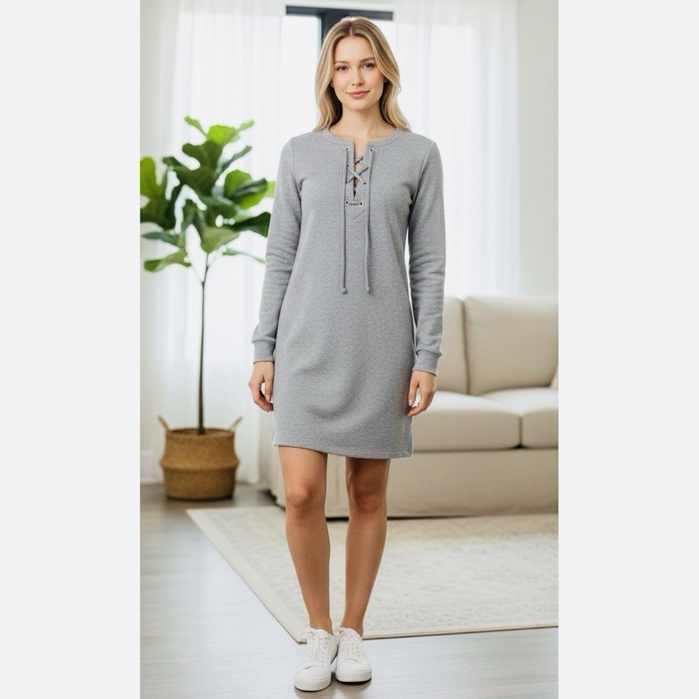 NWT J. Crew Mercantile Women's Mini Dress Size XS Long Sleeve Knit Lace Up Gray